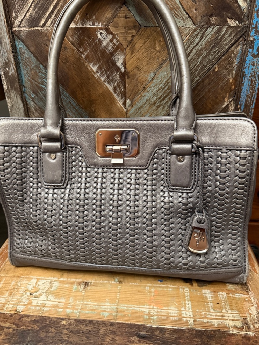 Cole Haan Metallic Silver Woven Satchel
